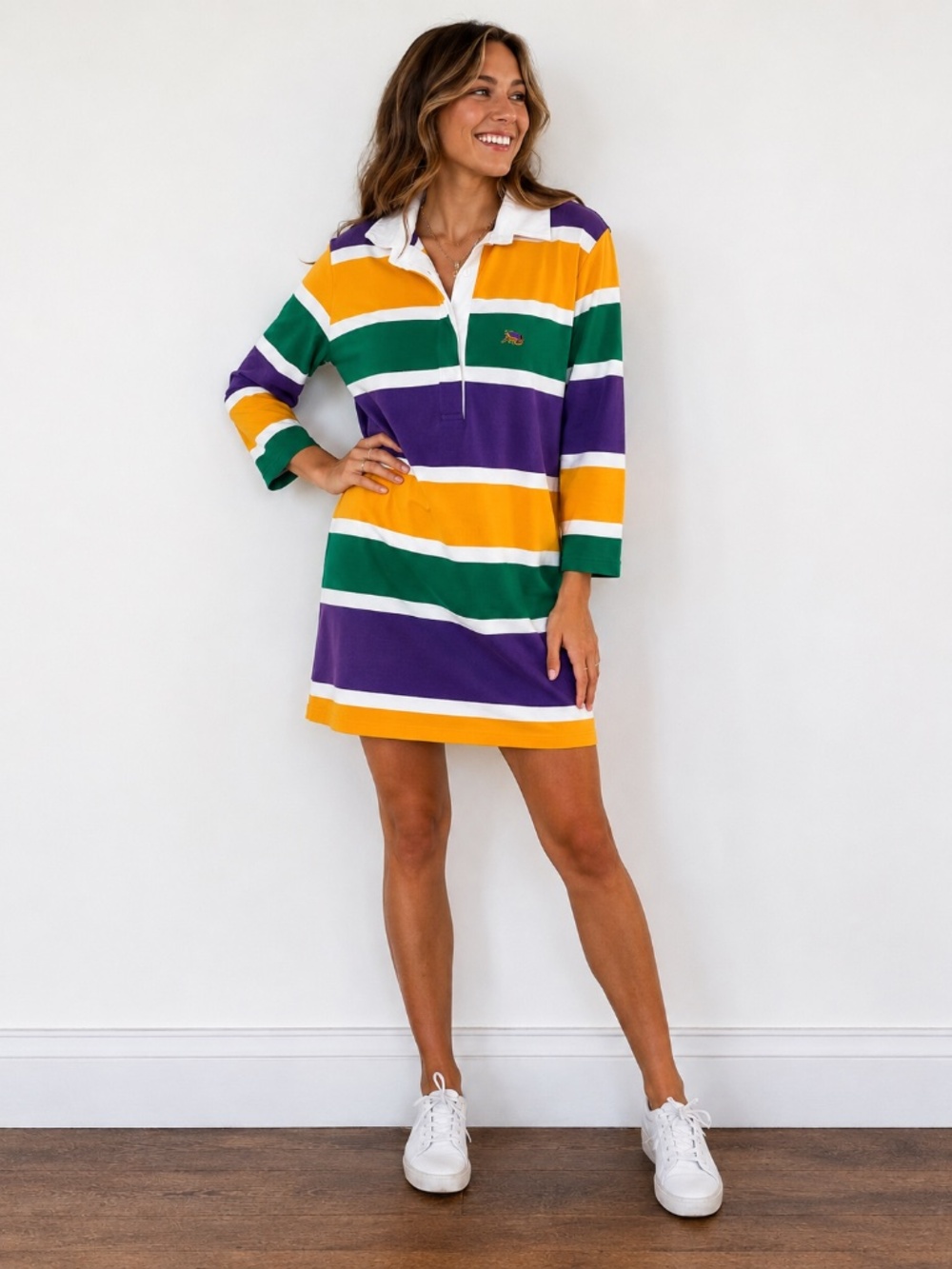 Perlis Mardi Gras Rugby Shirt Dress Women’s Medium Vintage USA Cotton Stripe